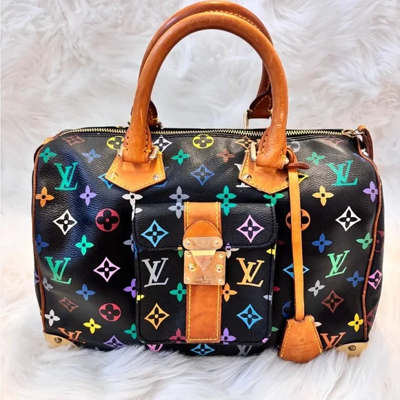 Louis Vuitton Black Multicolor Monogram Speedy Satchel with Tan Leather - Picture 1 of 17